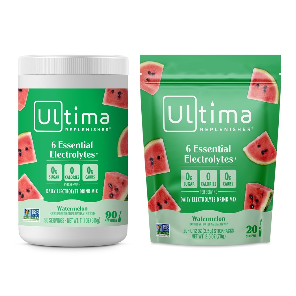 Ultima Replenisher Electrolyte Powder Drink Mix 번들 - 설탕 무료 - 수박, 90 서빙 용기 및 20 Stickpack - 6 Electrolytes 및 Minerals - Keto Friendly, Vegan, Non-GMO