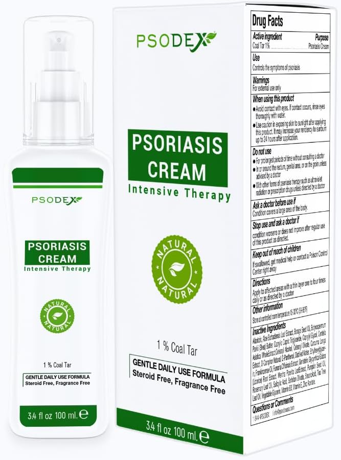 PSODEX Psoriasis 크림 - 3.4fl oz 석탄 타르, Salicylic 산, 티 트리 오일, 알로에 Vera - 모든 자연 성분 - Soothing 및 Moisturizing Coal Tar Psoriasis 크림