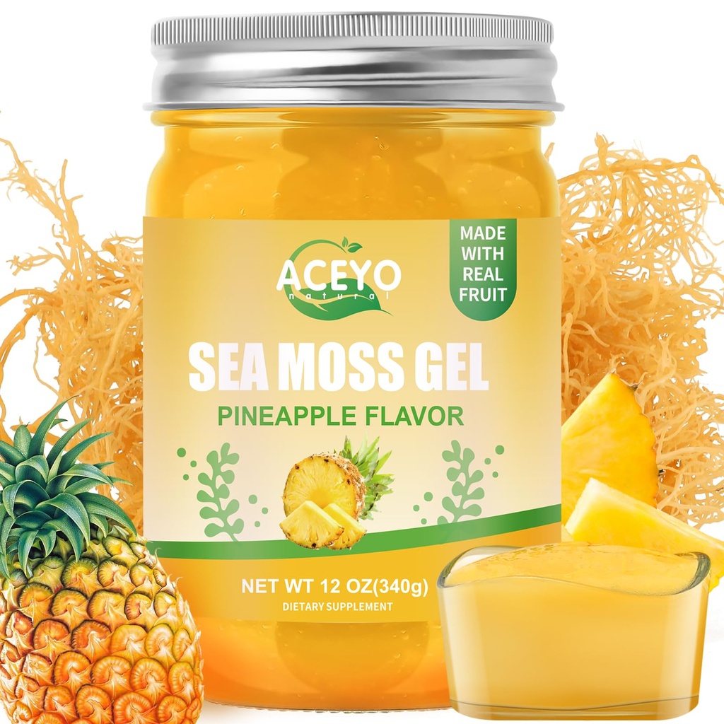 ACEYO (12 OZ Irish Sea Moss Gel Raw Vegan Pineapple 맛 102 비타민과 미네랄 야생 Harvested Non-GMO Immune Defense Booster Thyroid 소화 지원