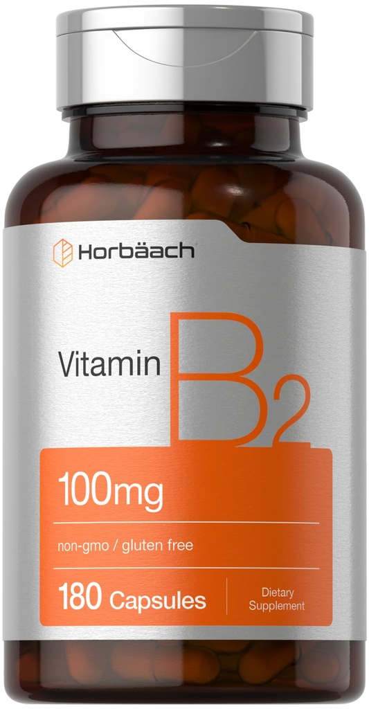 Horbäach 비타민 B2 100mg | 180 캡슐 | 리보플라빈 보충 | 비 GMO & 글루텐 프리