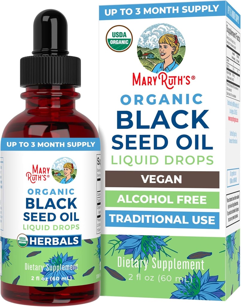 MaryRuth Organic Black Seed Oil Liquid Drops Cold Pressed | 3 개월 공급 | USDA Organic Black Cumin Seed Oil | 면역 지원 | 호흡 건강 | Sugar&Gluten Free | Vegan | Non-GMO | 2 Fl Oz