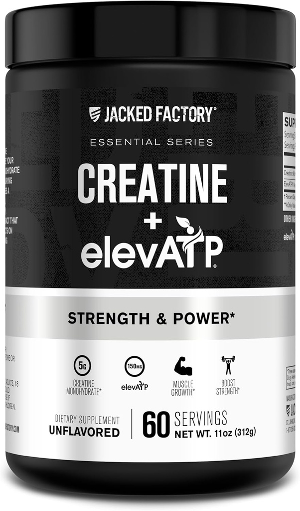 Jacked Factory Creatine + ElevATP - 근육 성장을 위한 크레아틴 Monohydrate 분말, 증가된 힘, 강화한 에너지 산출, 지속된 에너지 & 내구시간을 위한 ElevATP와 더불어 - 60의 서빙, 비난하는