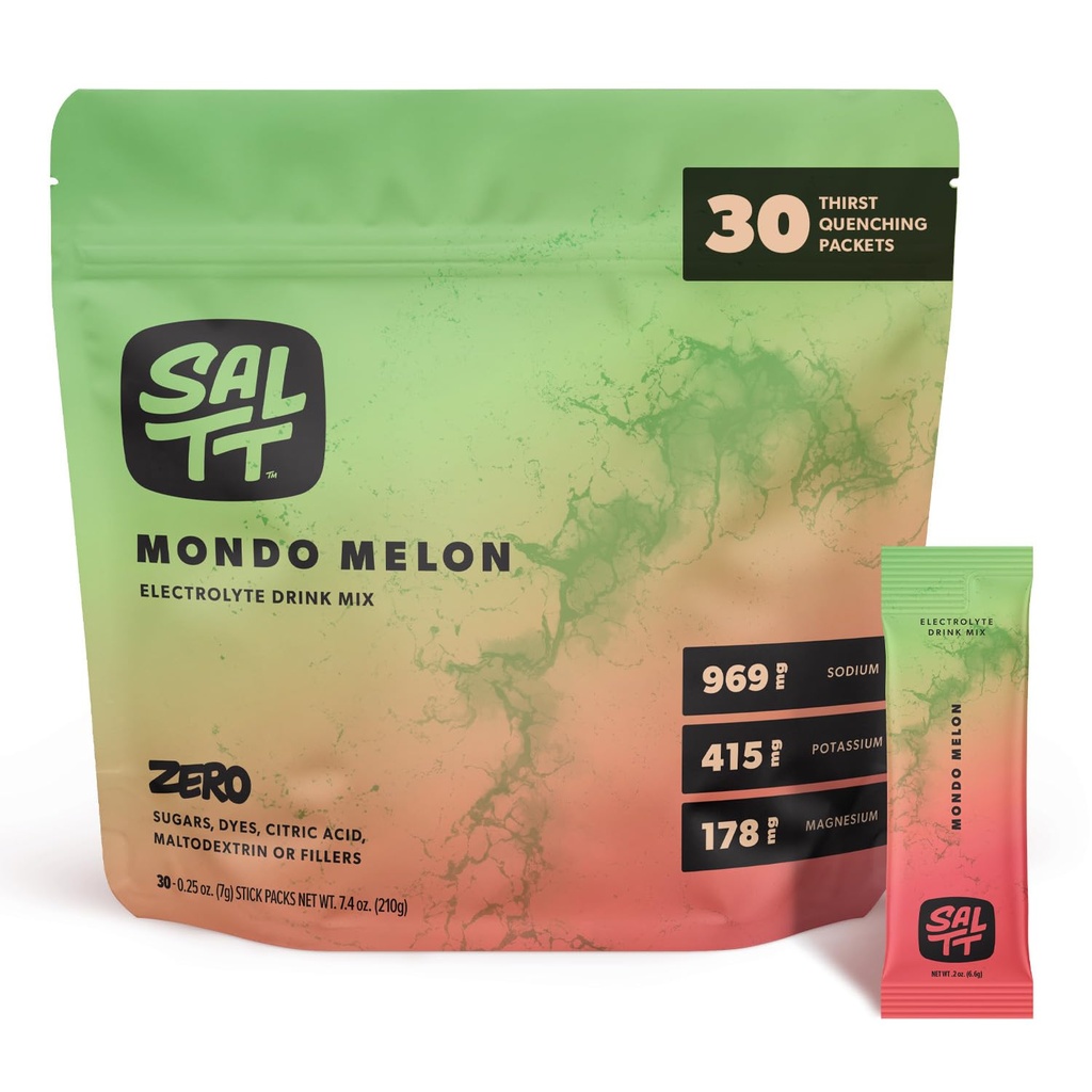 SALTT Electrolytes 분말 맛 음료 혼합 - Mondo Melon - 30 Hydration Packets - 마그네슘, 칼륨, 나트륨, Trace Minerals - Zero Sugar & Gluten Free - 여행 필수품