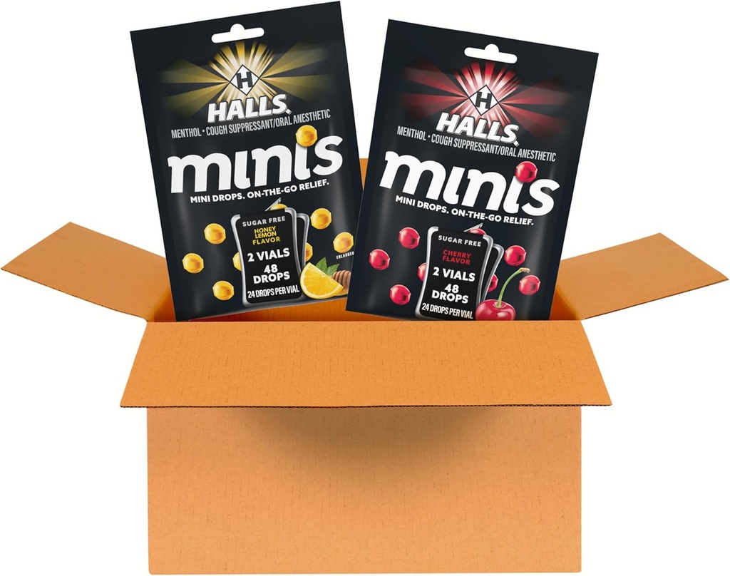 HALLS Minis Cherry and Honey Lemon Sugar Free Cough Drops 다양성 팩, 2 가방, 4 팩 (96 총 드롭)