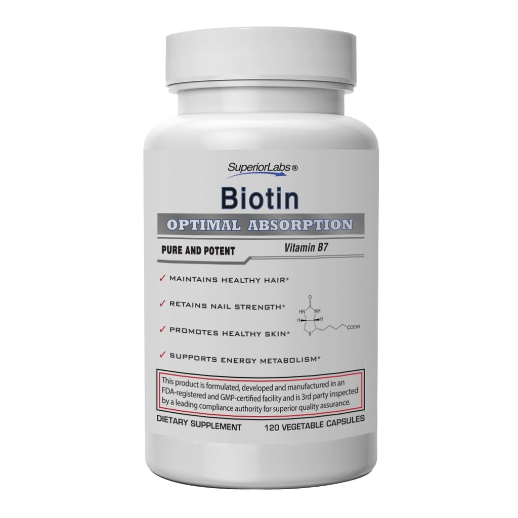 우량한 실험실 – 제일 자연적인 Biotin NonGMO 보충교재 – Luscious 더 긴 머리 및 채찍질을 위해 – 더 강한 못 – 건강한 피부 – 에너지 승압기 – 건강한 무게 - 5000 mcg, 120 식물성 모자