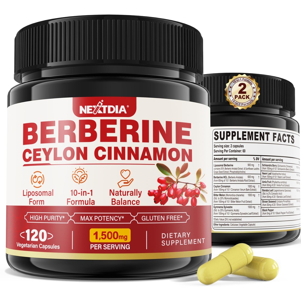 2 팩 1500mg Liposomal Berberine HCL Ceylon Cinnamon Bitter Melon, 바나나 잎을 가진 유기 Berberine Complex 보충교재, Immune & Digestion - Vegan 240 캡슐을 지원합니다