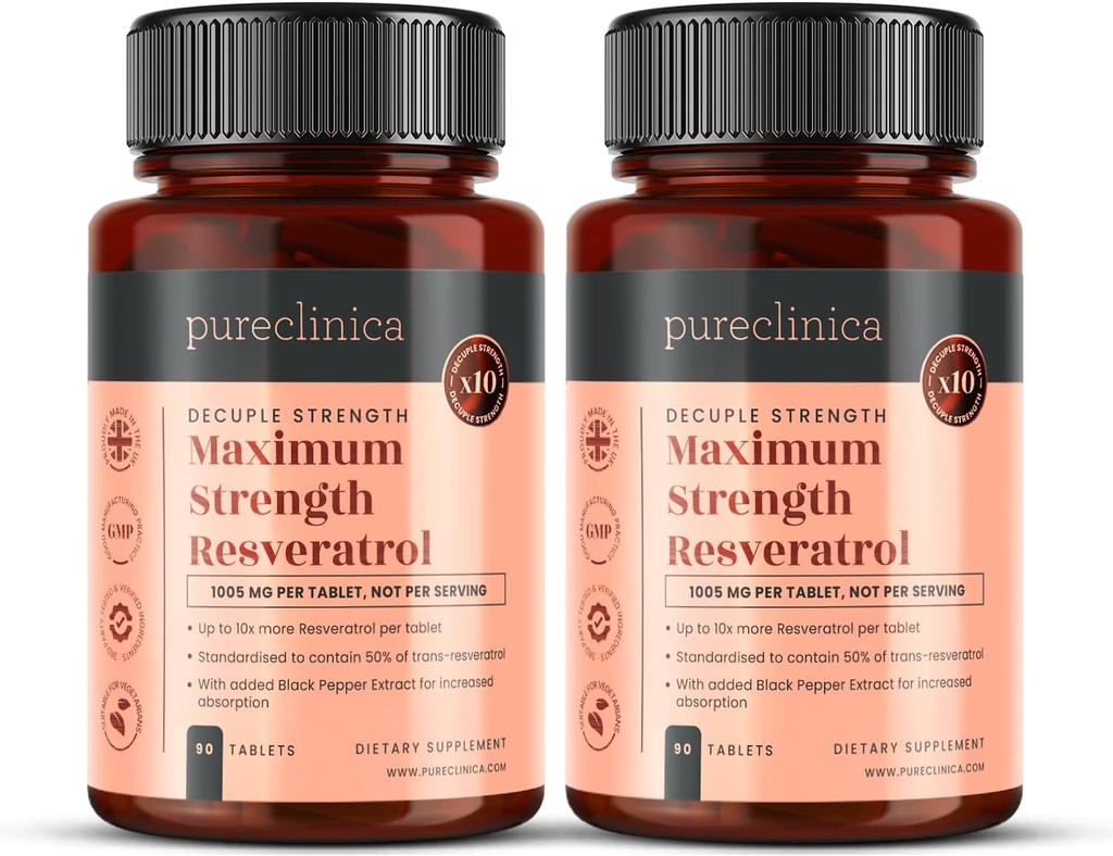 Pureclinica 1000mg Resveratrol x 180 정제 (90의 병 각각 - 6 개월 공급). 10 x 강도와 빠른 흡수를위한 검은 후추 추출물