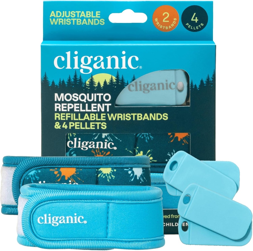 Cliganic Mosquito Repellent 팩 (2 팔찌 + 4 리필 펠릿) - 조절 가능, 천연 DEET-Free, 에센셜 오일 주입