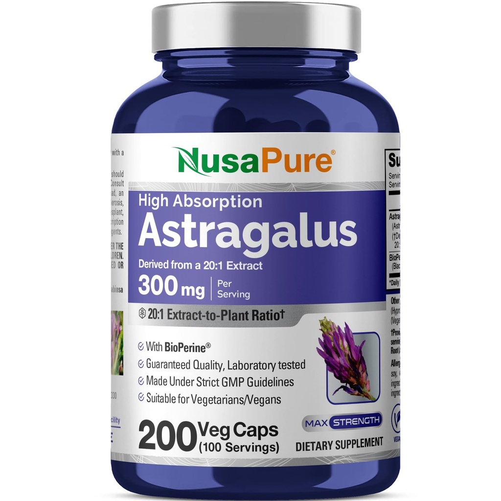 NusaPure Astragalus 20:1 추출물, 300 mg는 서빙 당 6,000mg에, 200의 Veggie 캡슐, 비 GMO & Bioperine와 동등합니다