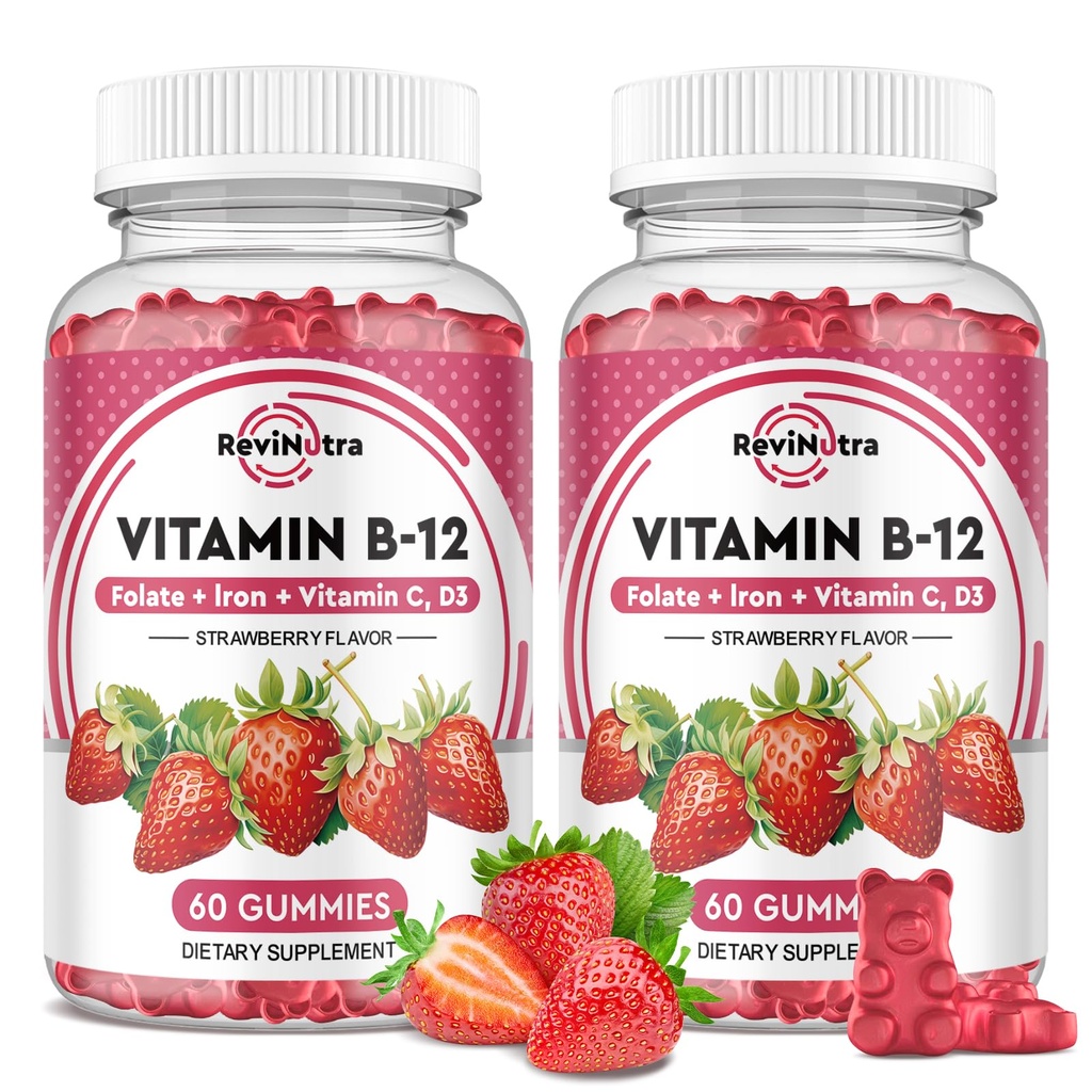 비타민 B12 복잡한 Gummies - 철, 비타민 C, D3 & Folate, 에너지 지원 & 대사, Immune, B-12를 가진 5000 mcg Methylcobalamin 남자 & 여자, 딸기 풍미, 2 팩