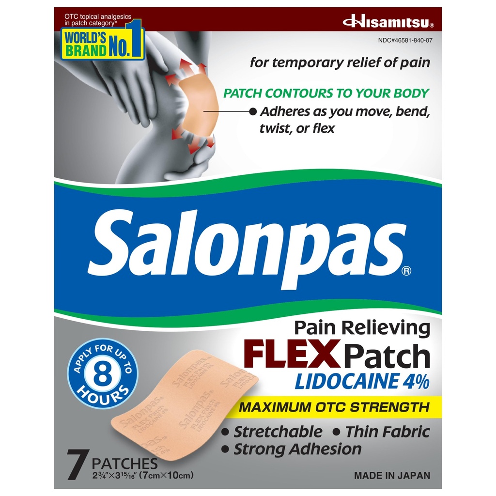 Salonpas 최대 OTC 힘 리도카인 4% 고통 구호 가동 헝겊 조각은, 8 까지 시간, 비 향기롭게 한, 얇은, 가동 가능한, 경량, 배치에 있는 헝겊 조각 체재, 7개의 헝겊 조각 적용합니다