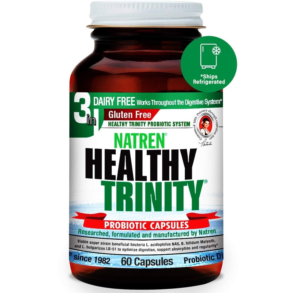 Natren 건강한 삼위일체 Probiotics 보충교재 - 60 낙농장과 글루텐 자유로운 젤 캡슐 - Gut와 소화 건강을 개량하십시오, - 30억 CFU - Lactobacillus Acidophilus, Bifidobacterium, Bulgaricus