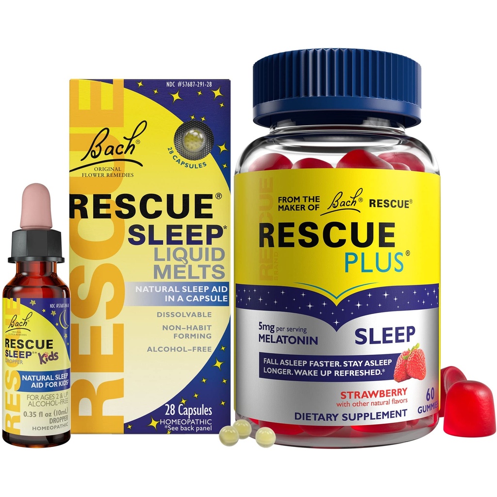 RESCUE 야간 수면 보조 번들, 3Pk - Bach Sleep Kids Dropper, 10mL Sleep Liquid Melt, 5mg Melatonin / 복용량이있는 28Ct Plus Sleep Gummies, 60Ct