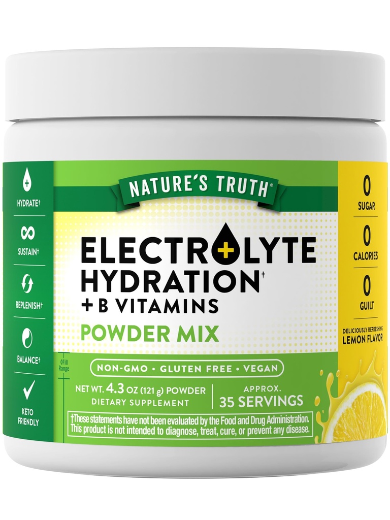Nature's Truth Electrolytes Powder | No Sugar | B Vitamins | 리프레시 레몬 맛 | Vegan, Non-GMO & Gluten 무료 보충