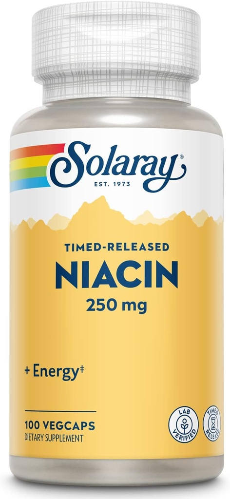 SOLARAY Niacin Timed-Release 250mg, 비타민 B3 | 피부 건강, 심장 및 신경 시스템 지원 | 100ct