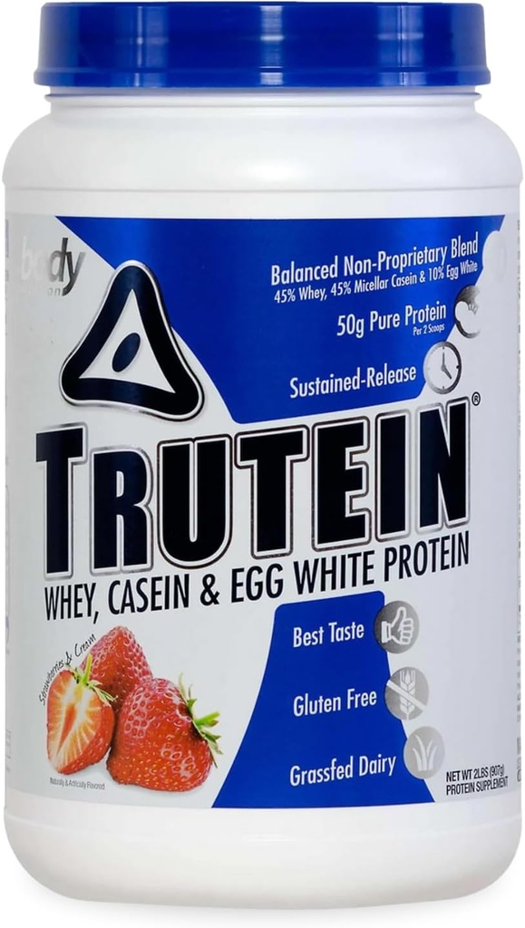 몸 영양 Trutein 높은 단백질 분말: 45% Whey, 45% Casein, 10% 계란 백색, 글루텐 자유로운, 낮은 나트륨, 잔디 Fed Whey 단백질 분말, 체육관 보충교재 & 아침 Shake, 딸기 & 크림, 2lb