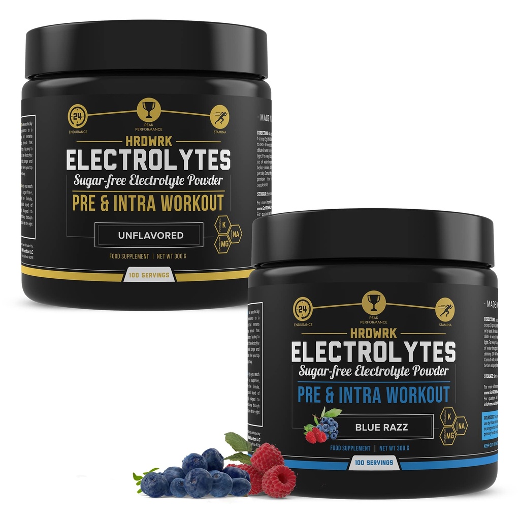 MMA 영양 HRDWRK 100 서빙 Keto Electrolytes Powder Hydration Sugar Free - 전기적으로 분말을 밀어 Endurance & Electrolytes 보충교재로 피로 감소 - Unflavored & Blue Raspberry Set