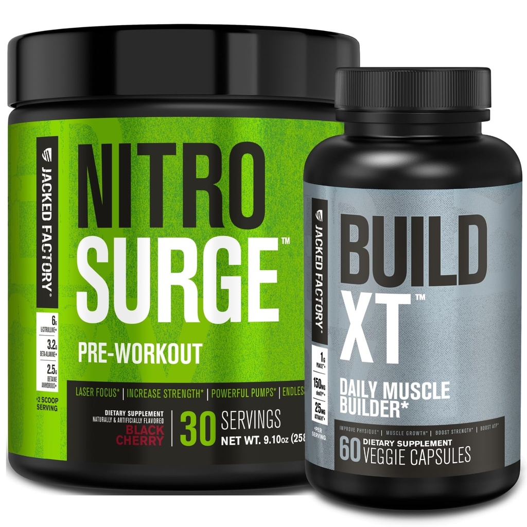 Black Cherry의 Jacked Factory Nitrosurge Pre-Workout & Men & Women을위한 XT 근육 건물 번들 구축