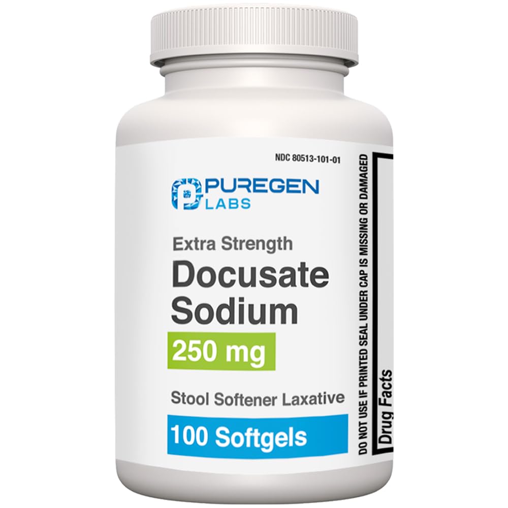Puregen Labs Docusate Sodium 250mg Stool Softener Laxative | 100 softgel | Gentle Constipation Relief | 추가 강도 | 자극제 무료