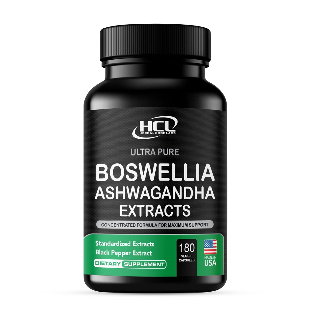 Boswellia 추출물과 Ashwagandha 캡슐 2000 mg - 강한 자연적인 지원 알약 3 달 공급 - Ashwagandha 분말 보충교재를 가진 일관된 Boswellia Serrata 65% Boswellic 산
