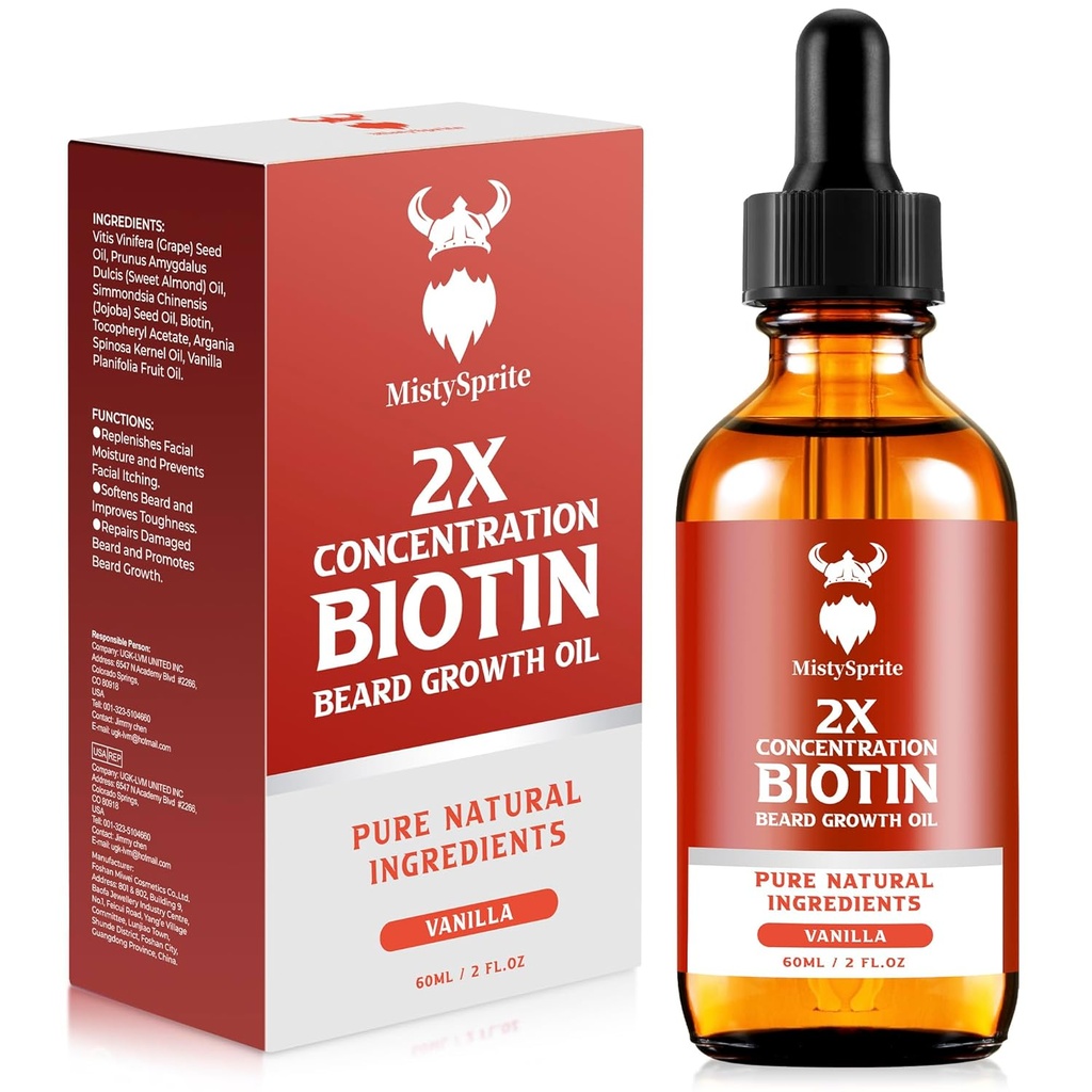 수염 성장 기름 - 남자 (2 oz)를 위한 2X 농도 Biotin - Argan, Jojoba 및 비타민, 성장 연화제, Moisturizer (Vanilla)에 자연