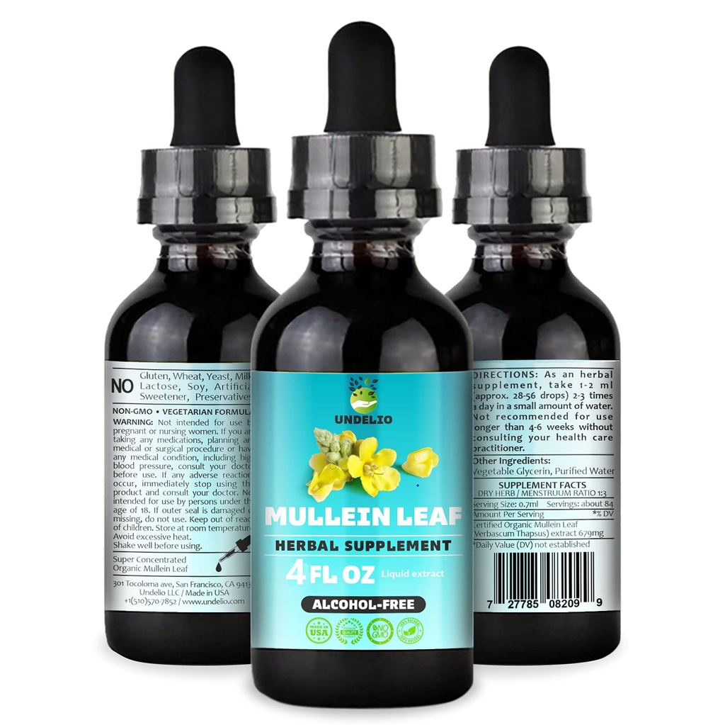 Undelio의 초본 Mullein 잎 추출물 - 호흡, Lung, 수면 및 소화 지원을위한 유기 및 알코올 프리 태피스 - 비 GMO, Vegan - 4 fl. 면역 건강 및 폐 해독을위한 Oz