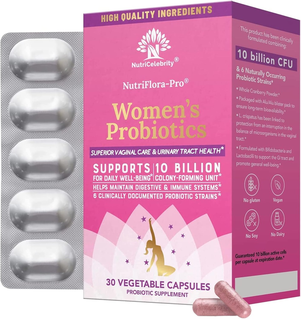 NutriCelebrity NutriFlora-Pro Probiotics for Women - Vaginal, Urinary Health (UTI), 소화 시스템, 기간 통증, 효모, BV 완화, 크랜베리 알약, 10 억 CFU 6 Strains (30 모자) 지원