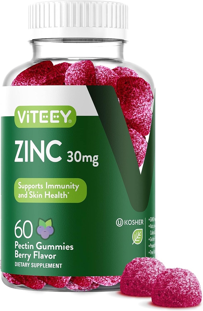 여성과 남성을위한 Viteey 아연 Gummies - 면역 지원 보충 - 30mg - Vegan, 젤라틴 무료, 비 GMO - 60 카운트