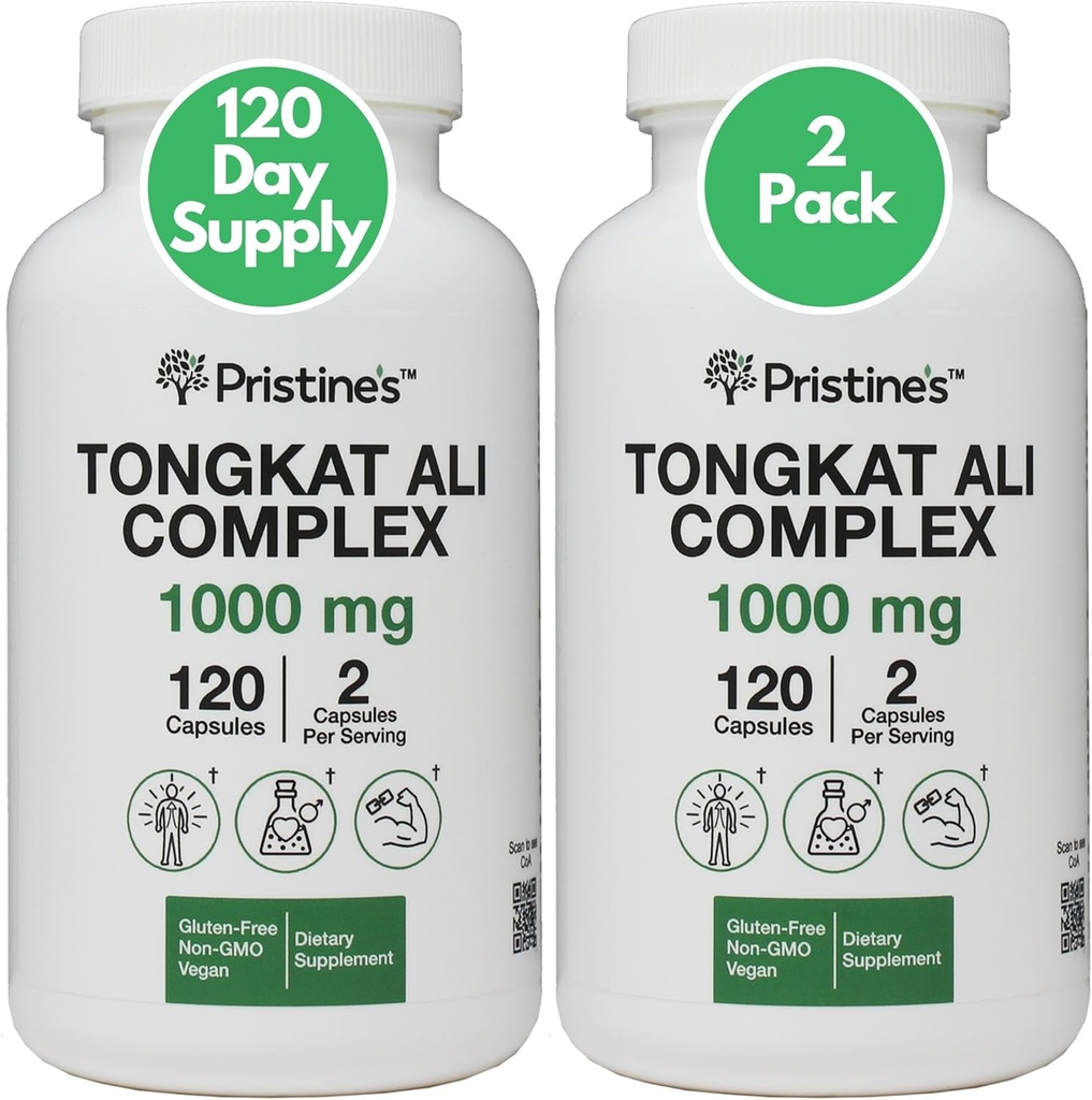 PRISTINE'S Tongkat Ali 1000MG 추출물 캡슐 보충교재 (2 팩) -30 일 공급 - Athletic 성과 지원 - 남자 건강 & Lean 근육 질량 - Immunity 지원