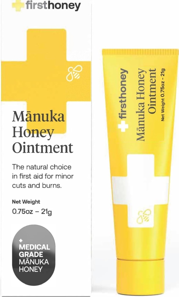 FIRST HONEY Manuka Wound Ointment [.75oz - 21g] | Rapid Wound Repair Gel | 피부 및 화상에 대한 빠른 구호 | 뉴질랜드의 마누카 꿀 | 항생제 무료 화상 치료, 스카 젤, 드레싱 보조