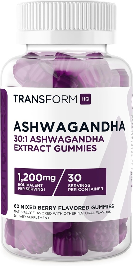 TransformHQ Ashwagandha Gummies 1,200mg, 60 Gummies (Mixed Berry 풍미) - Ashwagandha 초본 추출물 보충교재 - 30의 서빙, 글루텐 자유로운, 비 GMO