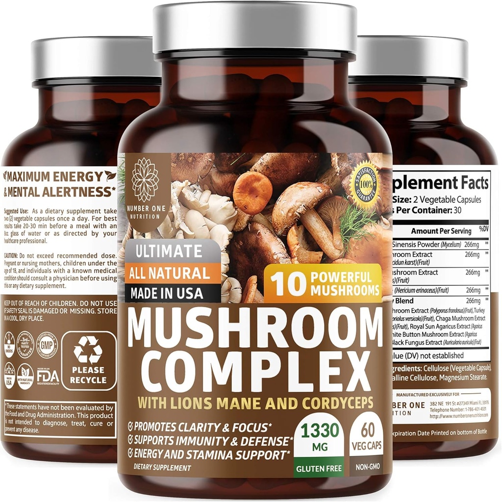 N1N Premium Mushroom Complex [10X 강력한 버섯] Reishi, Lions Mane, Cordyceps, Chaga, Turkey Tail 및 Maitake 지원 건강, 두뇌 기능 및 에너지 레벨, 60 Veg Caps