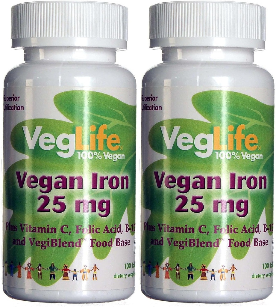 VegLife Vegan Iron 25 mg | Plus Vitamin C, Folic Acid, B-12 및 VegiBlend Food Base | 여성용 플랜트 기반 철 보충 | 100 정제 | 2 팩