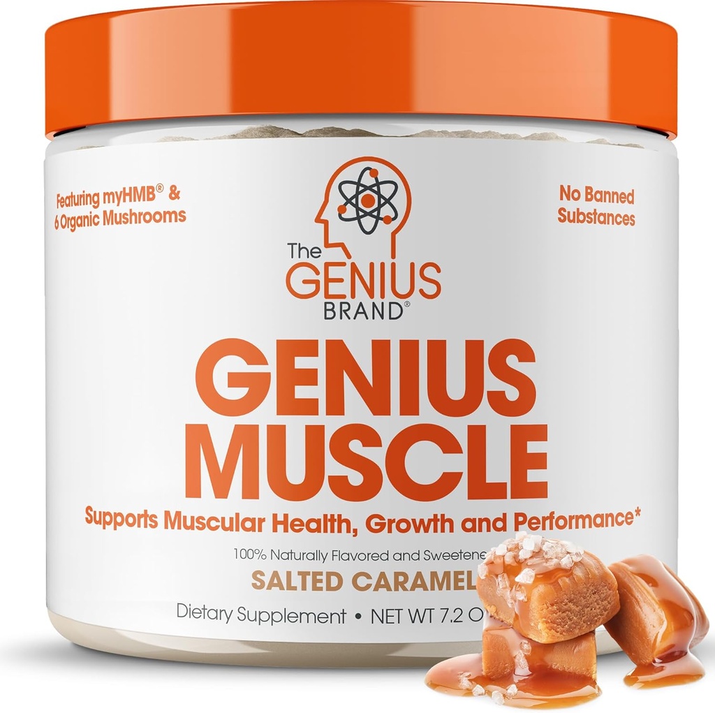 Genius 브랜드 인 Genius 근육 - 성장, 내구시간 및 회복을위한 근육 건강 보충 - Non-Hormonal Formula - 6 Organic Mushrooms - Naturally-Sweetened - 30 서빙 - Salted Caramel