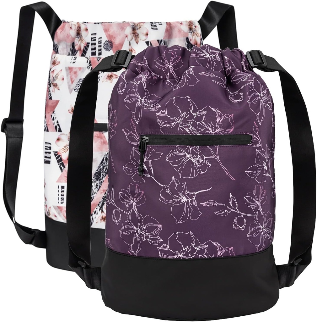 [2-Pack] Flex Cinch Drawstring Gym Bags for Women with Graphic Design | 튼튼한 경량 체육관 Cinch Bags | 체육관 가방, 여행, 하룻밤