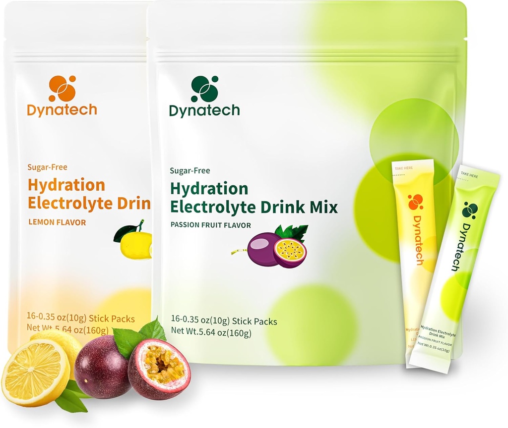 Dynatech Zero Sugar Electrolyte 음료 믹스 - 레몬,Passion Fruit - 10 Electrolytes & Vitamins가있는 하이드로 션 파우더 패킷 | 비 GMO, 글루텐 프리, Vegan Electrolytes Powder Packets | 32 서빙
