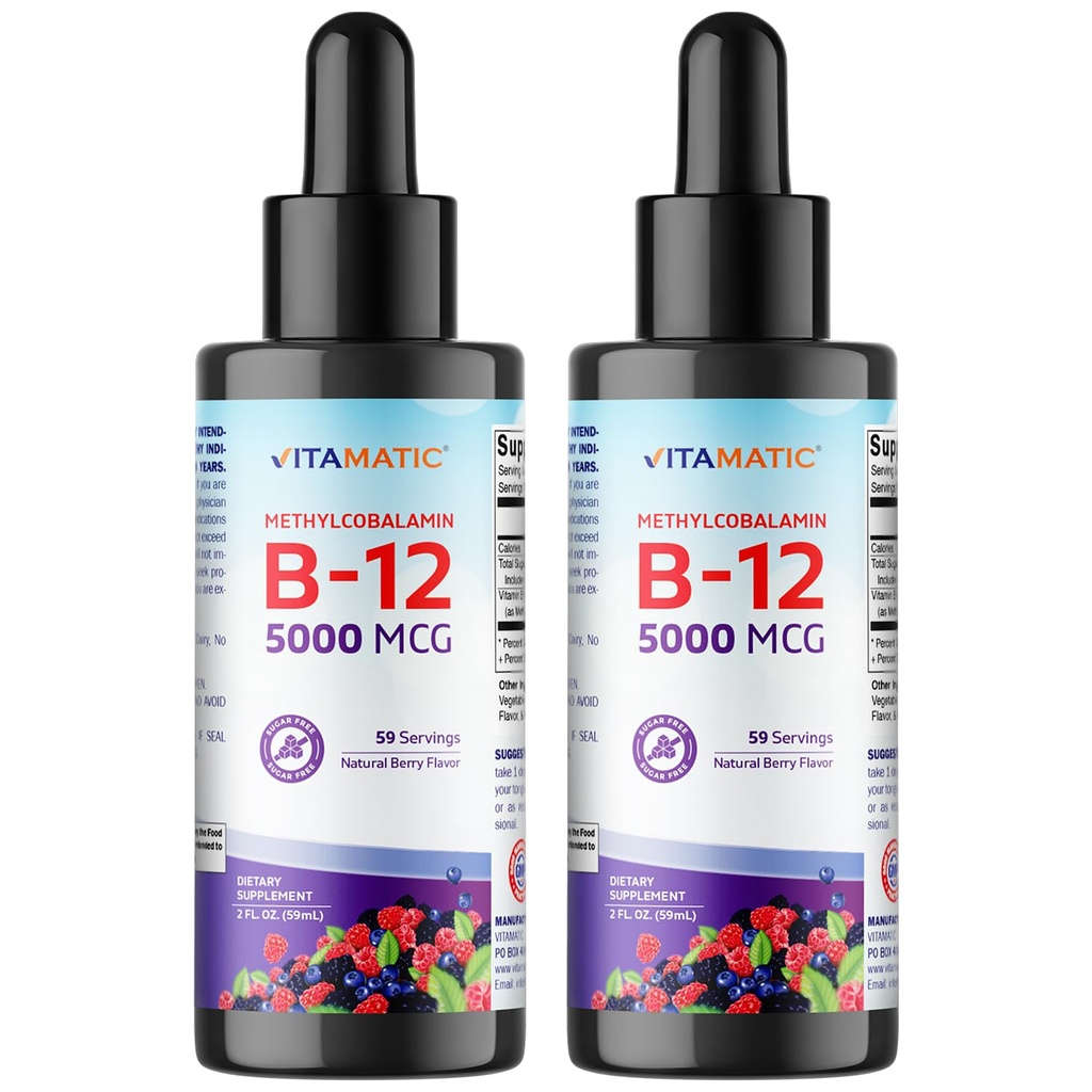 Vitamatic 2 팩 빠른 임시 액체 비타민 B12 5000 mcg (Methylcobalamin) - 자연적인 베리 풍미 - 이하 언어 보충교재 - 더 빠른 흡수 - 2개 OZ