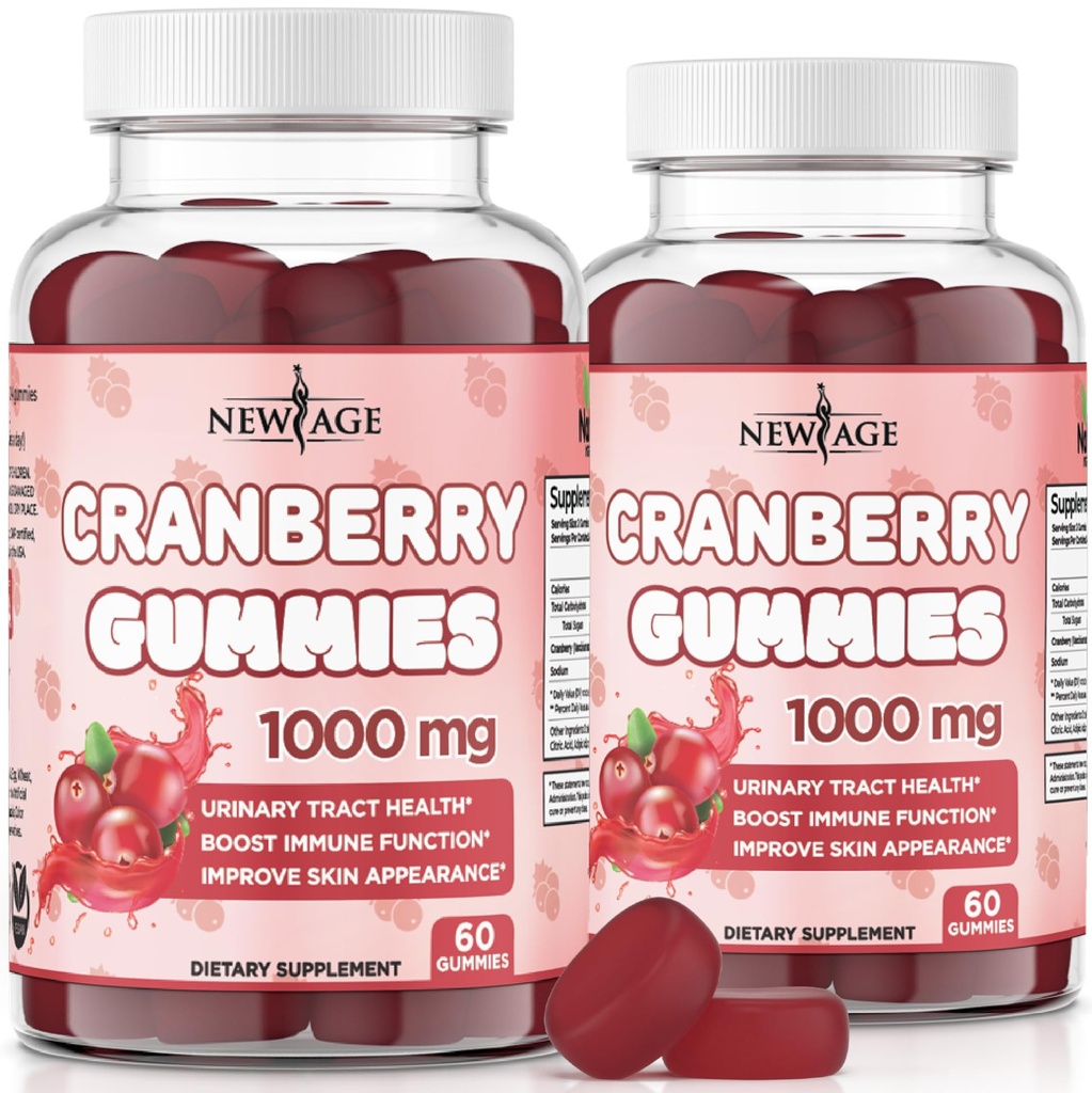 NEW AGE Cranberry Gummies Urinary Tract Health Gummies 1000mg - Bladder, Kidney, UTI 지원 - 채식주의자 (Cranberry 120 Count)
