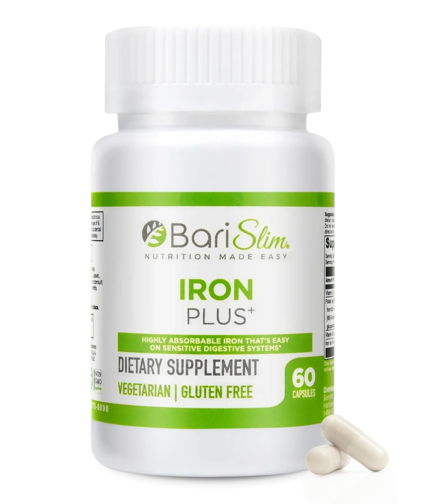 BariSlim Iron Plus Capsules - Gastric Bypass & Gastric Sleeve를 포함한 체중 감량 수술 후 환자에 대한 공식화 - 쉬운 소화 및 종합 건강 지원 | 2 개월 공급 (60 인분)