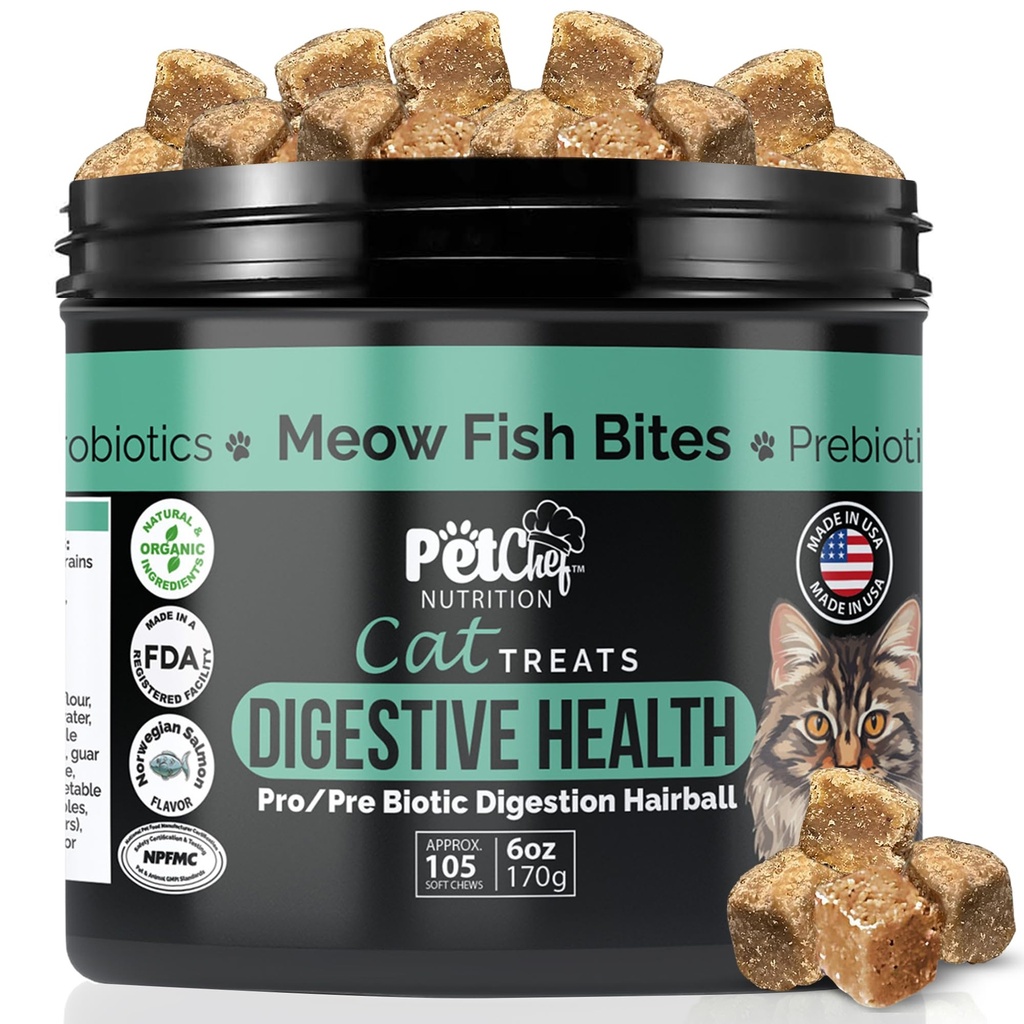 애완 동물 요리사 Meow Bites : 프리미엄 프로 & Prebiotic Digestion Cat Treats - Digestion 개선 - 고양이를위한 더 나은 탄 Fortiflora Probiotics - 고양이 Vomiting을 중지