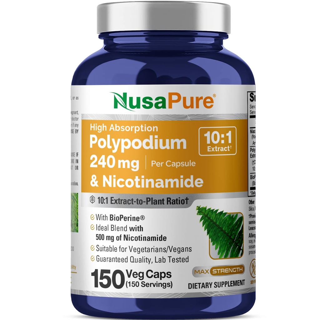 NusaPure Polypodium Nicotinamide 10:1 추출물, Veg 모자 당 2,400 mg와 동등한 240 mg - 150 조사 (비 GMO, Soyfree, Bioperine)