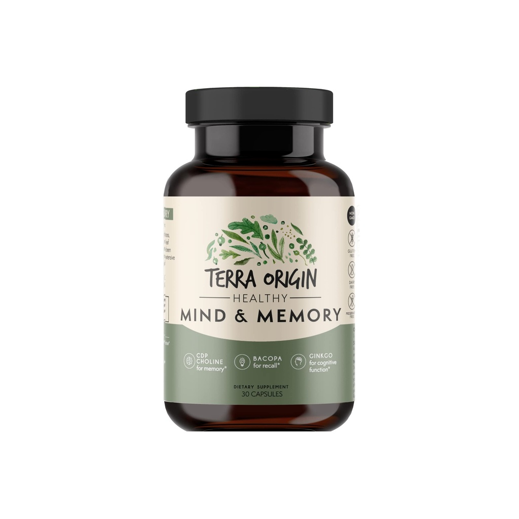 TERRA ORIGIN 건강한 마음과 기억 지원 보충교재 | 인지 기억 모체 | Nootropic CDP, Bacopa, L-Tyrosine, Huperzine A, Ginko, B12 | 비 GMO, 글루텐 프리, 낙농장 무료 | 30 캡슐