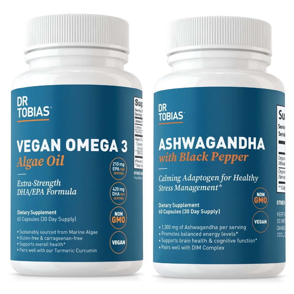 Tobias Vegan Omega 3 조류 오일 및 Ashwagandha 캡슐, 탄력, 면역력, 전반적인 웰빙, 비 GMO, Vegan 박사