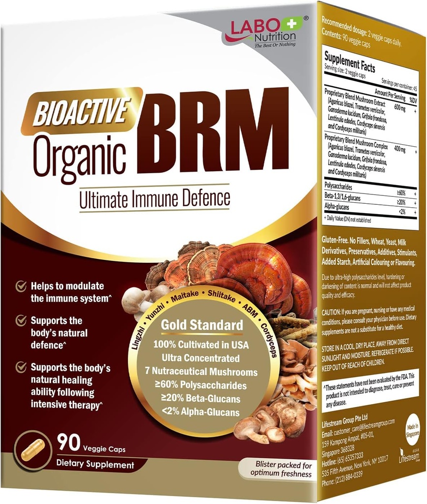 LABO 영양 Bioactive Organic BRM - 고급 면역 지원 및 자연 킬러 세포 활동 유지; 6 Therapeutic Mushrooms Lingzhi, Yunzhi, Maitake, Shiitake, Agaricus Blazei Murill & Cordyceps