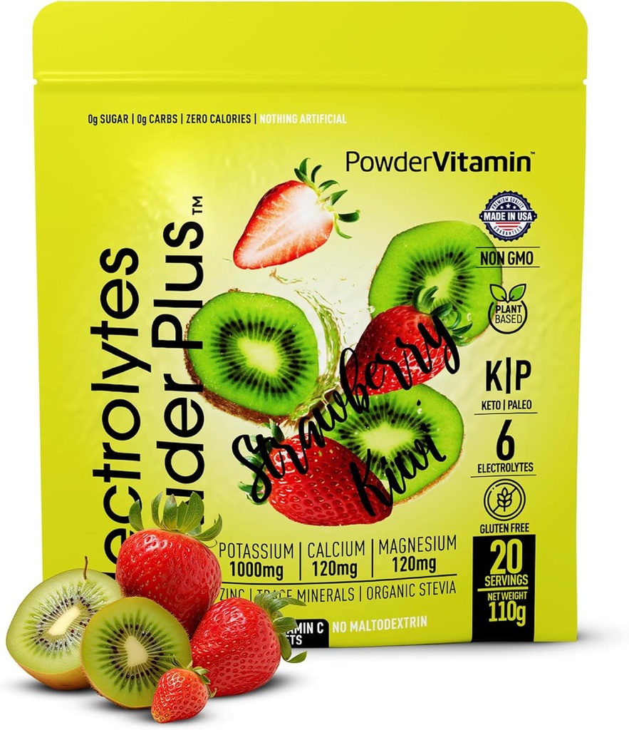 PowderVitamin Electrolytes Powder Plus (20 서빙) Strawberry Kiwi Electrolyte Powder Zero Calorie Keto,0 Sugar,No Maltodextrin, 1000mg 칼륨, 120mg 칼슘, 120mg 마그네슘, 핑크 Himalayan 소금