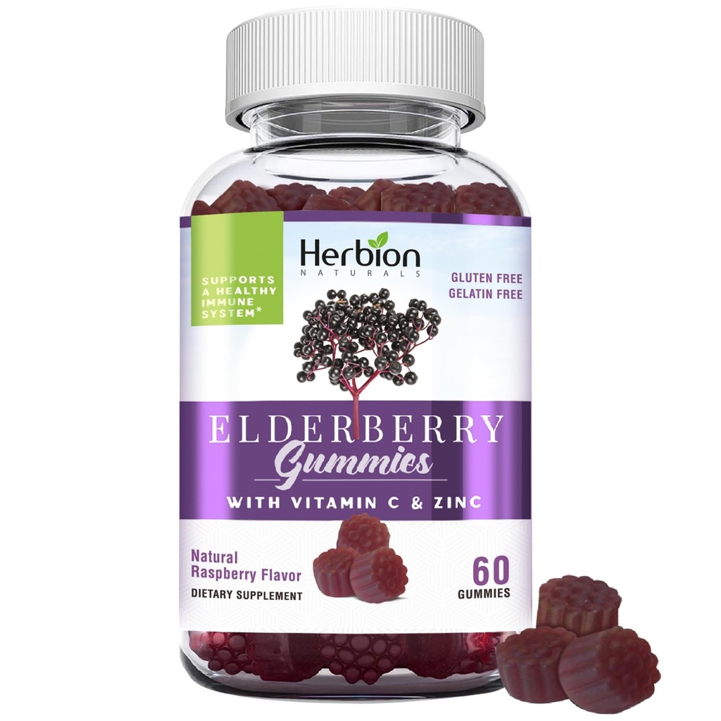 HERBION Elderberry Gummies 비타민 C & 아연 - 건강한 면역 체계 지원 - 글루텐 자유로운 & 젤라틴 자유로운 - 성인 & 아이들을 위한 60의 Gummies 4 년 & 위에 - 미국, 60의 조사에서 만드는 (1)
