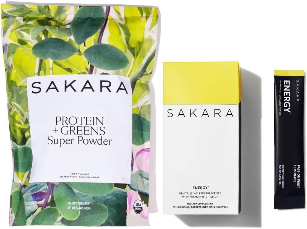 SAKARA Protein + Greens Super Powder & Energy Effervescent - 유기 단백질 분말 및 녹색 분말, 정제 설탕 무료 전해질 분말