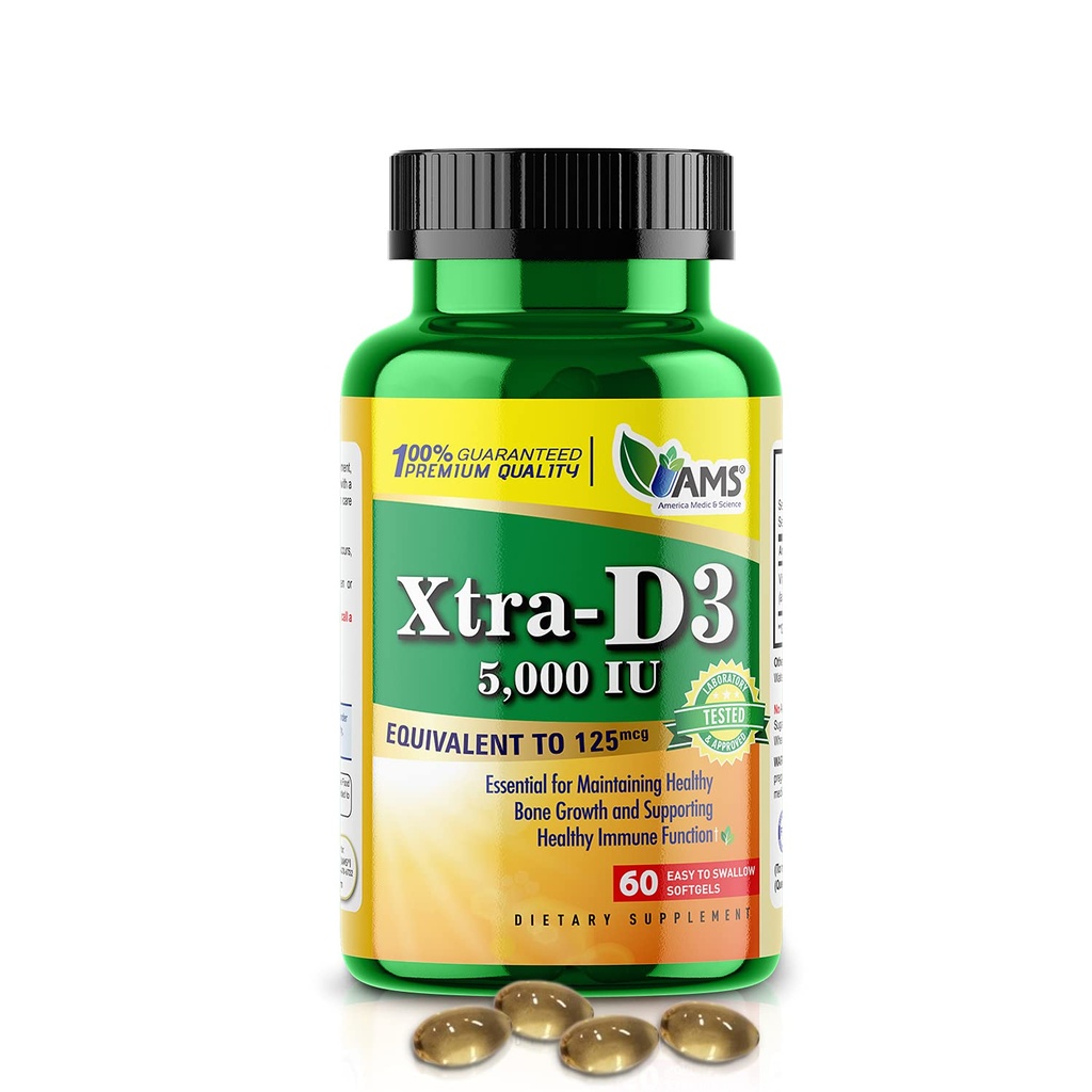 미국 Medic & 과학 Xtra D3 비타민 D 5,000 IU (125 mcg) 남자 & 여자를 위한 Cholecalciferol 보충교재 (60 쉬운 삼키기 Softgels) Bone, 심장 건강, 면역 체계 지원, Lung 기능을 위해 베스트