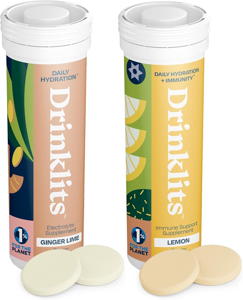 Drinklits Ginger-Lime Hydration & Lemon Immune 지원 (2) 튜브 콤보 팩 | 훌륭한 맛 – 매일 전해질 – 필수 비타민 | 20 인분 (10 튜브 당 정제)