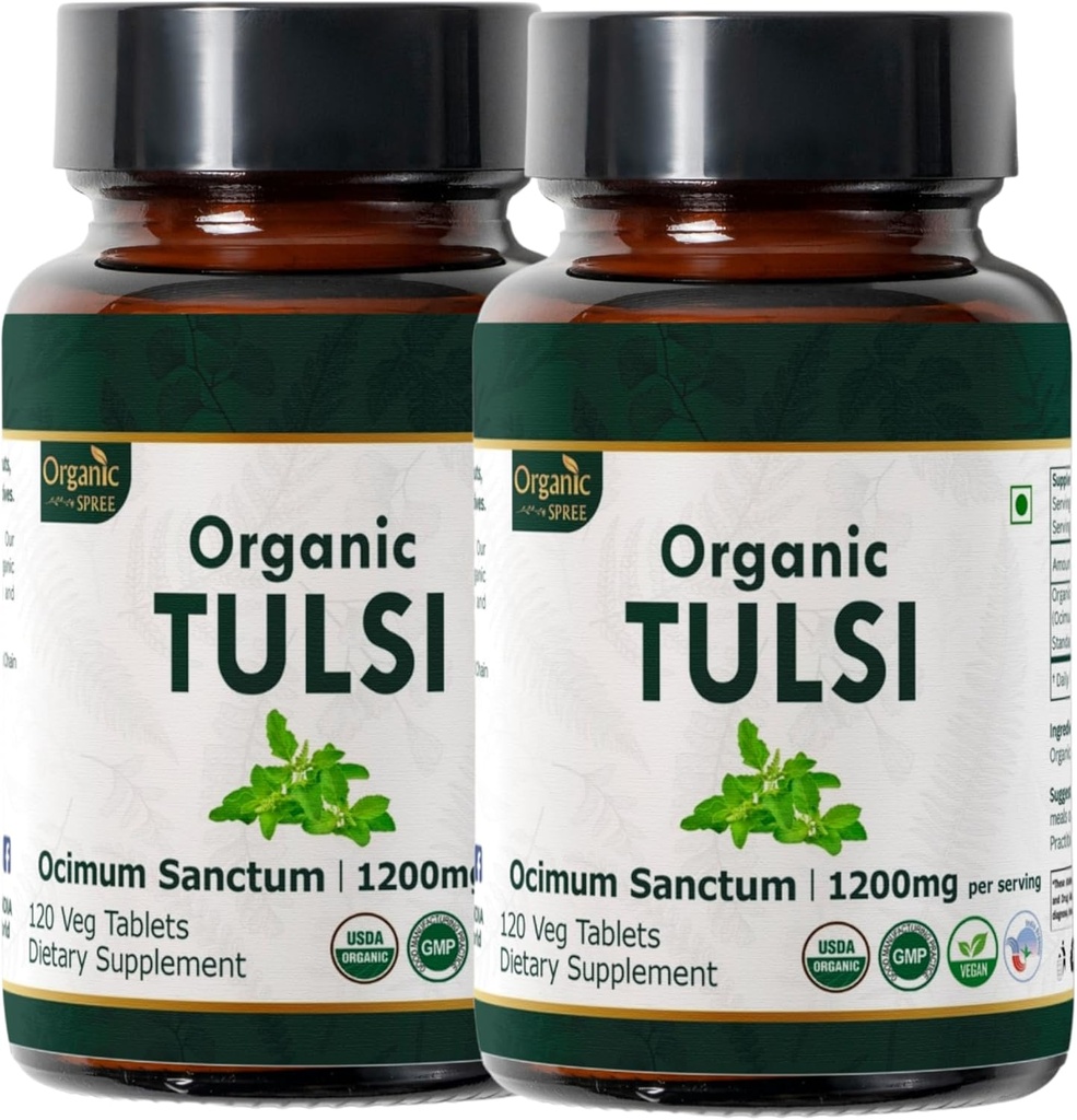 Tulsi 120 정제 - USDA 유기성 분지 - 스트레스 완화 및 Adaptogenic Balance 지원 *| 다이어트 보충120tab - 팩 2